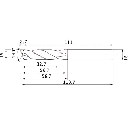 MVE1500X02S160 DP1020 15 mm Dia. × 16 mm Shank × 58.7 mm Flute Length × 113.7 mm OAL, 140°, 2 Flute, External Coolant, Solid Carbide Drill