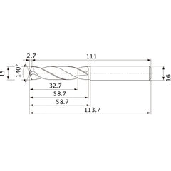 MVE1500X02S160 DP1020 15 mm Dia. × 16 mm Shank × 58.7 mm Flute Length × 113.7 mm OAL, 140°, 2 Flute, External Coolant, Solid Carbide Drill