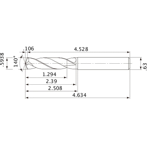 MVE1508X02S160 DP1020 0.5938″ Dia. × 0.63″ Shank × 2.39″ Flute Length × 4.634″ OAL, 140°, 2 Flute, External Coolant, Solid Carbide Drill