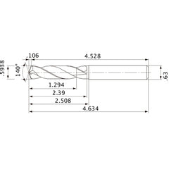 MVE1508X02S160 DP1020 0.5938″ Dia. × 0.63″ Shank × 2.39″ Flute Length × 4.634″ OAL, 140°, 2 Flute, External Coolant, Solid Carbide Drill