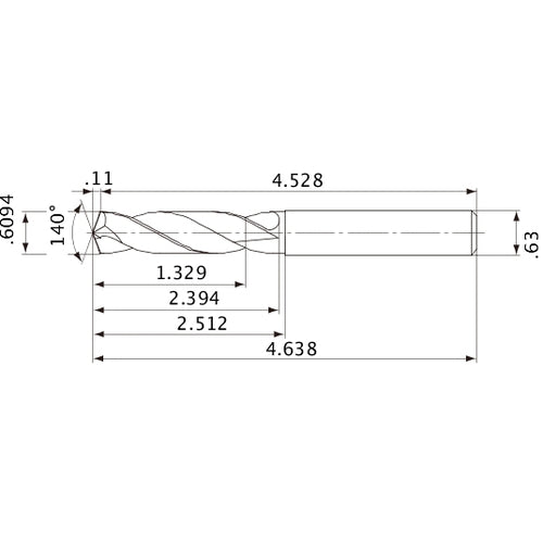 MVE1548X02S160 DP1020 0.6094″ Dia. × 0.63″ Shank × 2.394″ Flute Length × 4.638″ OAL, 140°, 2 Flute, External Coolant, Solid Carbide Drill