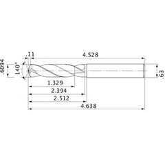 MVE1548X02S160 DP1020 0.6094″ Dia. × 0.63″ Shank × 2.394″ Flute Length × 4.638″ OAL, 140°, 2 Flute, External Coolant, Solid Carbide Drill