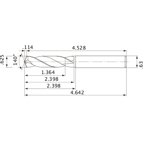 MVE1588X02S160 DP1020 5/8″ Dia. × 0.63″ Shank × 2.398″ Flute Length × 4.642″ OAL, 140°, 2 Flute, External Coolant, Solid Carbide Drill