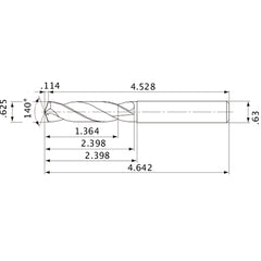 MVE1588X02S160 DP1020 5/8″ Dia. × 0.63″ Shank × 2.398″ Flute Length × 4.642″ OAL, 140°, 2 Flute, External Coolant, Solid Carbide Drill