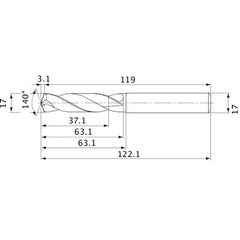 MVE1700X02S170 DP1020 17 mm Dia. × 17 mm Shank × 63.1 mm Flute Length × 122.1 mm OAL, 140°, 2 Flute, External Coolant, Solid Carbide Drill