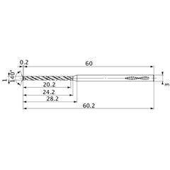 MVS0100X20S030 DP1020 1 mm Dia. × 3 mm Shank × 24.2 mm Flute Length × 60.2 mm OAL, 140°, 2 Flute, Coolant Thru, Solid Carbide Drill