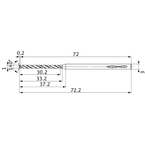 MVS0100X30S030 DP1020 1 mm Dia. × 3 mm Shank × 33.2 mm Flute Length × 72.2 mm OAL, 140°, 2 Flute, Coolant Thru, Solid Carbide Drill