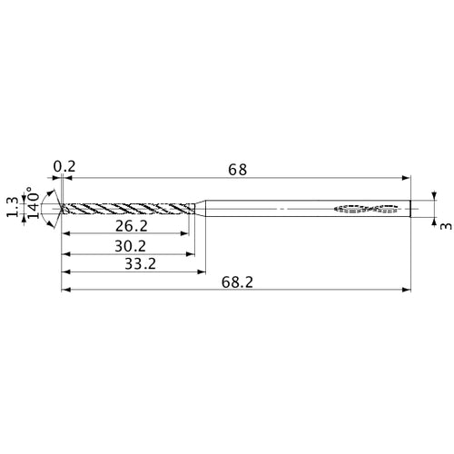 MVS0130X20S030 DP1020 1.3 mm Dia. × 3 mm Shank × 30.2 mm Flute Length × 68.2 mm OAL, 140°, 2 Flute, Coolant Thru, Solid Carbide Drill