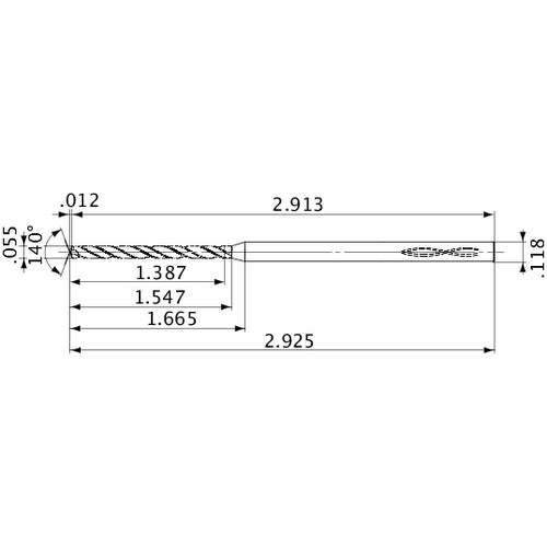 MVS0139X25S030 DP1020 0.055″ Dia. × 0.118″ Shank × 1.547″ Flute Length × 2.925″ OAL, 140°, 2 Flute, Coolant Thru, Solid Carbide Drill