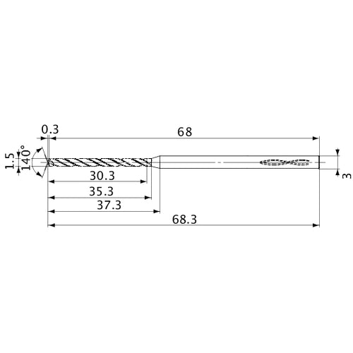 MVS0150X20S030 DP1020 1.5 mm Dia. × 3 mm Shank × 35.3 mm Flute Length × 68.3 mm OAL, 140°, 2 Flute, Coolant Thru, Solid Carbide Drill