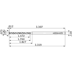 MVS0186X20S030 DP1020 0.073″ Dia. × 0.118″ Shank × 1.744″ Flute Length × 3.319″ OAL, 140°, 2 Flute, Coolant Thru, Solid Carbide Drill