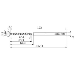 MVS0190X30S030 DP1020 1.9 mm Dia. × 3 mm Shank × 63.3 mm Flute Length × 102.3 mm OAL, 140°, 2 Flute, Coolant Thru, Solid Carbide Drill