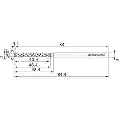 MVS0200X20S030 DP1020 2 mm Dia. × 3 mm Shank × 46.4 mm Flute Length × 84.4 mm OAL, 140°, 2 Flute, Coolant Thru, Solid Carbide Drill