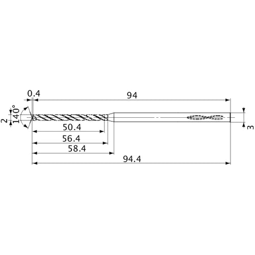 MVS0200X25S030 DP1020 2 mm Dia. × 3 mm Shank × 56.4 mm Flute Length × 94.4 mm OAL, 140°, 2 Flute, Coolant Thru, Solid Carbide Drill