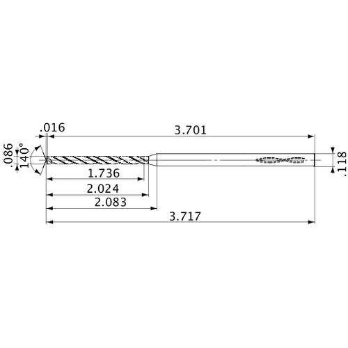 MVS0218X20S030 DP1020 0.086″ Dia. × 0.118″ Shank × 2.024″ Flute Length × 3.717″ OAL, 140°, 2 Flute, Coolant Thru, Solid Carbide Drill