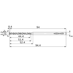 MVS0220X20S030 DP1020 2.2 mm Dia. × 3 mm Shank × 51.4 mm Flute Length × 94.4 mm OAL, 140°, 2 Flute, Coolant Thru, Solid Carbide Drill