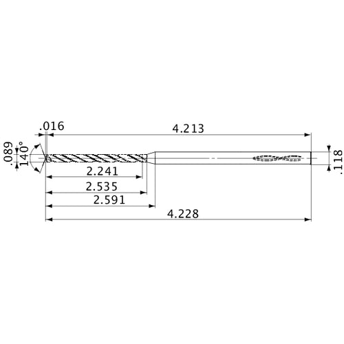MVS0226X25S030 DP1020 0.089″ Dia. × 0.118″ Shank × 2.535″ Flute Length × 4.228″ OAL, 140°, 2 Flute, Coolant Thru, Solid Carbide Drill