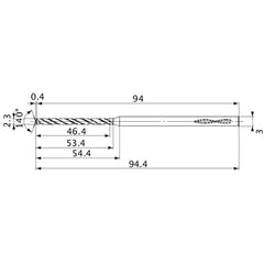 MVS0230X20S030 DP1020 2.3 mm Dia. × 3 mm Shank × 53.4 mm Flute Length × 94.4 mm OAL, 140°, 2 Flute, Coolant Thru, Solid Carbide Drill