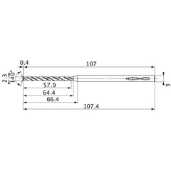 MVS0230X25S030 DP1020 2.3 mm Dia. × 3 mm Shank × 64.4 mm Flute Length × 107.4 mm OAL, 140°, 2 Flute, Coolant Thru, Solid Carbide Drill