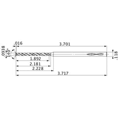 MVS0238X20S030 DP1020 0.0938″ Dia. × 0.118″ Shank × 2.181″ Flute Length × 3.717″ OAL, 140°, 2 Flute, Coolant Thru, Solid Carbide Drill
