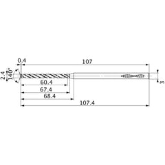 MVS0240X25S030 DP1020 2.4 mm Dia. × 3 mm Shank × 67.4 mm Flute Length × 107.4 mm OAL, 140°, 2 Flute, Coolant Thru, Solid Carbide Drill
