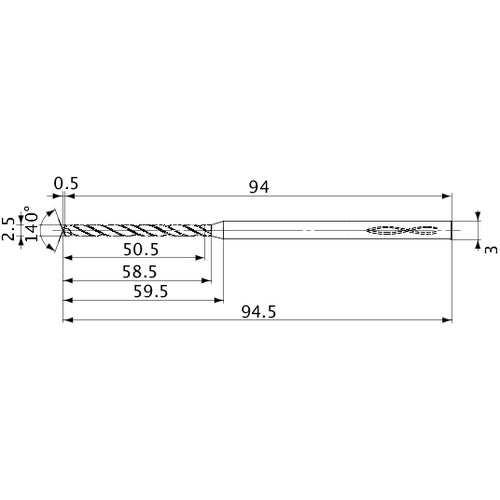 MVS0250X20S030 DP1020 2.5 mm Dia. × 3 mm Shank × 58.5 mm Flute Length × 94.5 mm OAL, 140°, 2 Flute, Coolant Thru, Solid Carbide Drill