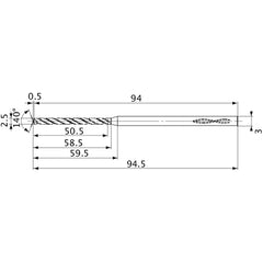 MVS0250X20S030 DP1020 2.5 mm Dia. × 3 mm Shank × 58.5 mm Flute Length × 94.5 mm OAL, 140°, 2 Flute, Coolant Thru, Solid Carbide Drill