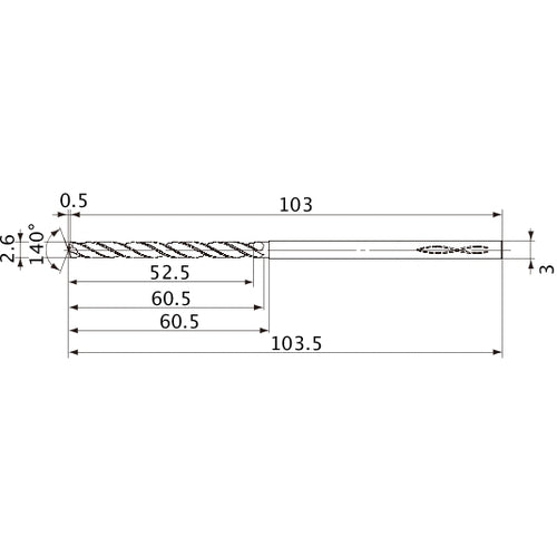 MVS0260X20S030 DP1020 2.6 mm Dia. × 3 mm Shank × 60.5 mm Flute Length × 103.5 mm OAL, 140°, 2 Flute, Coolant Thru, Solid Carbide Drill