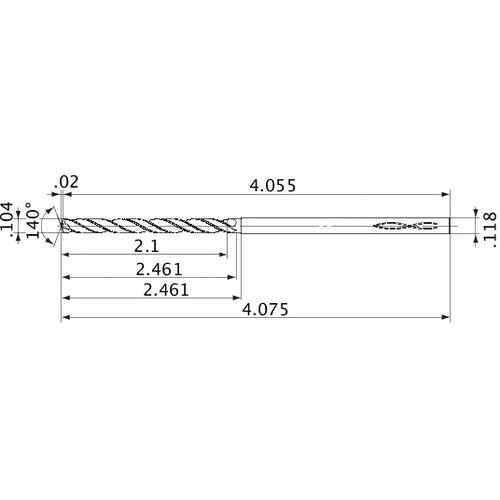MVS0264X20S030 DP1020 0.104″ Dia. × 0.118″ Shank × 2.461″ Flute Length × 4.075″ OAL, 140°, 2 Flute, Coolant Thru, Solid Carbide Drill