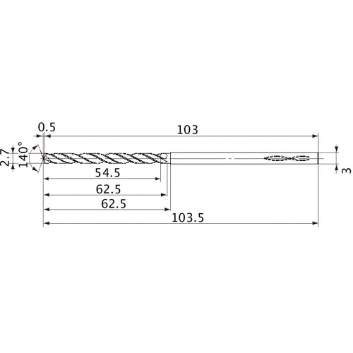 MVS0270X20S030 DP1020 2.7 mm Dia. × 3 mm Shank × 62.5 mm Flute Length × 103.5 mm OAL, 140°, 2 Flute, Coolant Thru, Solid Carbide Drill