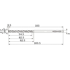 MVS0270X20S030 DP1020 2.7 mm Dia. × 3 mm Shank × 62.5 mm Flute Length × 103.5 mm OAL, 140°, 2 Flute, Coolant Thru, Solid Carbide Drill