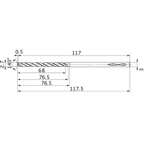 MVS0270X25S030 DP1020 2.7 mm Dia. × 3 mm Shank × 76.5 mm Flute Length × 117.5 mm OAL, 140°, 2 Flute, Coolant Thru, Solid Carbide Drill
