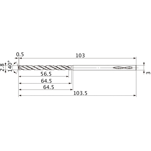 MVS0280X20S030 DP1020 2.8 mm Dia. × 3 mm Shank × 64.5 mm Flute Length × 103.5 mm OAL, 140°, 2 Flute, Coolant Thru, Solid Carbide Drill