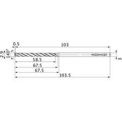 MVS0290X20S030 DP1020 2.9 mm Dia. × 3 mm Shank × 67.5 mm Flute Length × 103.5 mm OAL, 140°, 2 Flute, Coolant Thru, Solid Carbide Drill