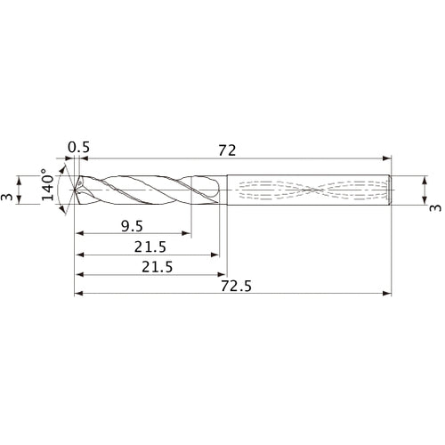 MVS0300X03S030 DP1020 3 mm Dia. × 3 mm Shank × 21.5 mm Flute Length × 72.5 mm OAL, 140°, 2 Flute, Coolant Thru, Solid Carbide Drill
