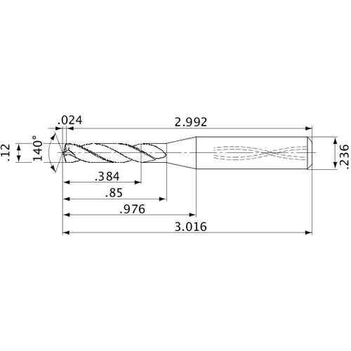 MVS0305X03S060 DP1020 0.12″ Dia. × 0.236″ Shank × 0.85″ Flute Length × 3.016″ OAL, 140°, 2 Flute, Coolant Thru, Solid Carbide Drill