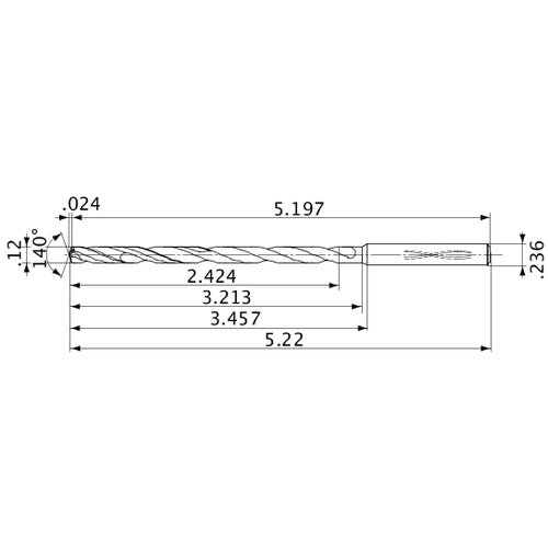 MVS0305X20S060 DP1020 0.12″ Dia. × 0.236″ Shank × 3.213″ Flute Length × 5.22″ OAL, 140°, 2 Flute, Coolant Thru, Solid Carbide Drill