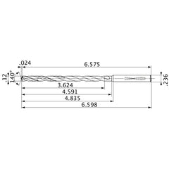 MVS0305X30S060 DP1020 0.12″ Dia. × 0.236″ Shank × 4.591″ Flute Length × 6.598″ OAL, 140°, 2 Flute, Coolant Thru, Solid Carbide Drill