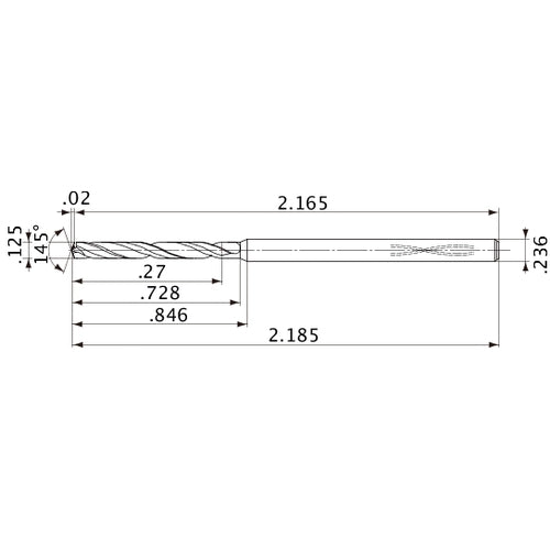 MVS0318X02S060PL DP1020 1/8″ Dia. × 0.236″ Shank × 0.728″ Flute Length × 2.185″ OAL, 145°, 2 Flute, Coolant Thru, Solid Carbide Drill