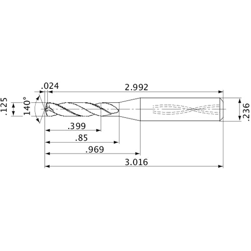 MVS0318X03S060 DP1020 1/8″ Dia. × 0.236″ Shank × 0.85″ Flute Length × 3.016″ OAL, 140°, 2 Flute, Coolant Thru, Solid Carbide Drill