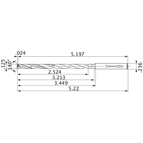 MVS0318X20S060 DP1020 1/8″ Dia. × 0.236″ Shank × 3.213″ Flute Length × 5.22″ OAL, 140°, 2 Flute, Coolant Thru, Solid Carbide Drill