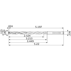 MVS0318X20S060 DP1020 1/8″ Dia. × 0.236″ Shank × 3.213″ Flute Length × 5.22″ OAL, 140°, 2 Flute, Coolant Thru, Solid Carbide Drill