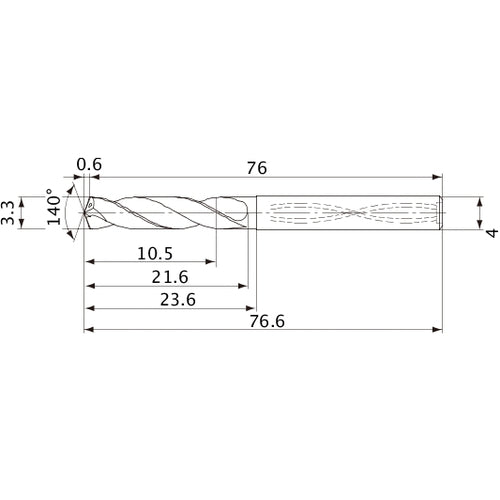 MVS0330X03S040 DP1020 3.3 mm Dia. × 4 mm Shank × 21.6 mm Flute Length × 76.6 mm OAL, 140°, 2 Flute, Coolant Thru, Solid Carbide Drill