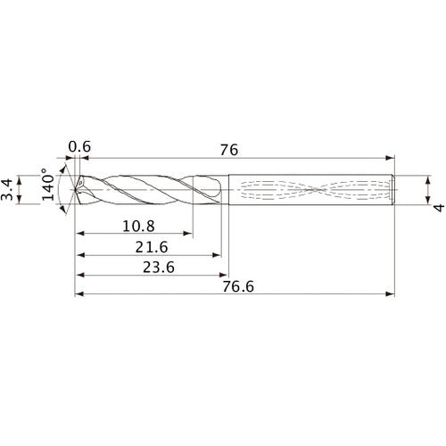 MVS0340X03S040 DP1020 3.4 mm Dia. × 4 mm Shank × 21.6 mm Flute Length × 76.6 mm OAL, 140°, 2 Flute, Coolant Thru, Solid Carbide Drill
