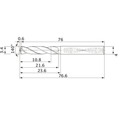 MVS0340X03S040 DP1020 3.4 mm Dia. × 4 mm Shank × 21.6 mm Flute Length × 76.6 mm OAL, 140°, 2 Flute, Coolant Thru, Solid Carbide Drill