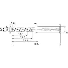 MVS0340X03S060 DP1020 3.4 mm Dia. × 6 mm Shank × 21.6 mm Flute Length × 76.6 mm OAL, 140°, 2 Flute, Coolant Thru, Solid Carbide Drill