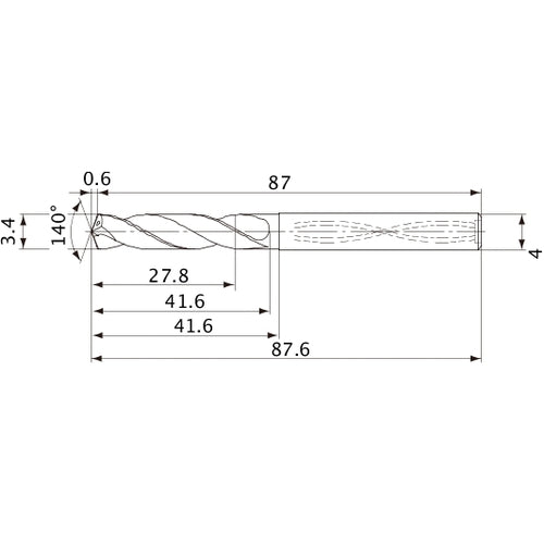 MVS0340X08S040 DP1020 3.4 mm Dia. × 4 mm Shank × 41.6 mm Flute Length × 87.6 mm OAL, 140°, 2 Flute, Coolant Thru, Solid Carbide Drill