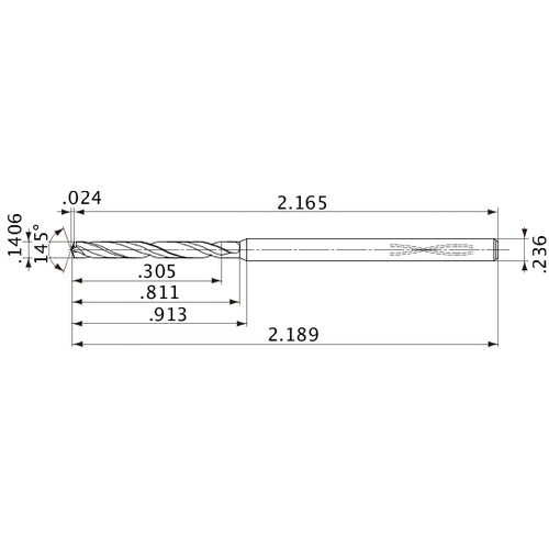 MVS0357X02S060PL DP1020 0.1406″ Dia. × 0.236″ Shank × 0.811″ Flute Length × 2.189″ OAL, 145°, 2 Flute, Coolant Thru, Solid Carbide Drill