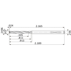 MVS0357X02S060PL DP1020 0.1406″ Dia. × 0.236″ Shank × 0.811″ Flute Length × 2.189″ OAL, 145°, 2 Flute, Coolant Thru, Solid Carbide Drill