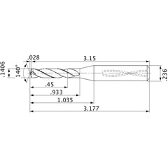 MVS0357X03S060 DP1020 0.1406″ Dia. × 0.236″ Shank × 0.933″ Flute Length × 3.177″ OAL, 140°, 2 Flute, Coolant Thru, Solid Carbide Drill